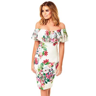 Multicoloured 'Willow' off the shoulder floral frill bodycon dress